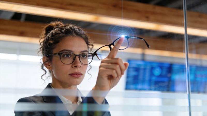 女性戴眼镜指向虚拟屏幕交互界面图片