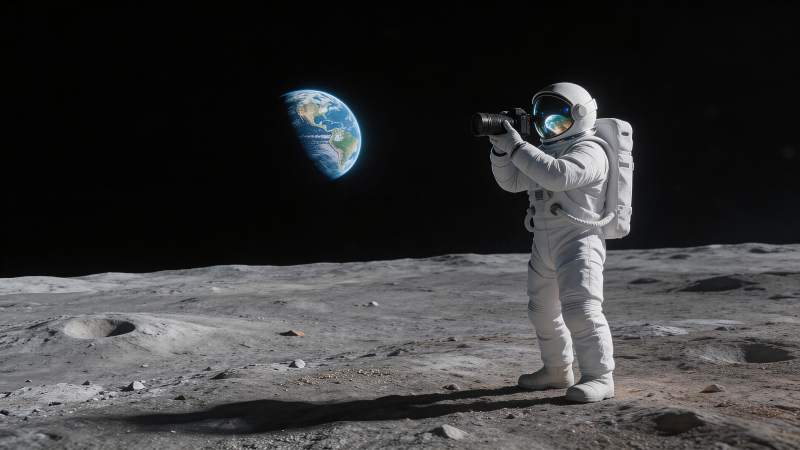 宇航员在月球表面持相机拍摄地球图片