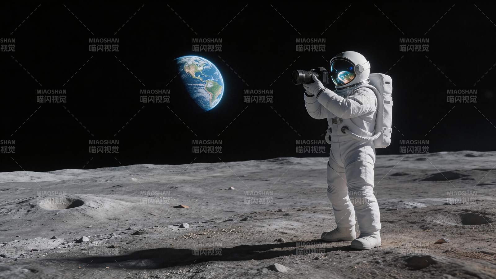 宇航员在月球表面持相机拍摄地球图片
