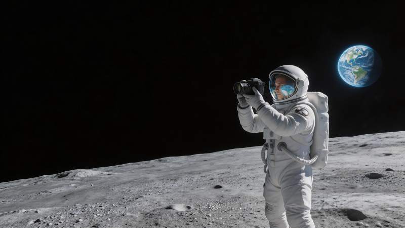 宇航员在月球表面手持相机拍摄地球图片