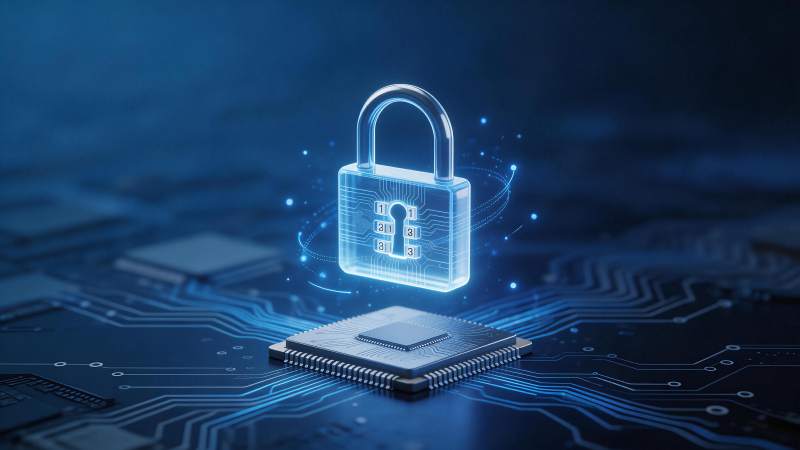 芯片上方悬浮发光电路锁象征数据安全防护图片