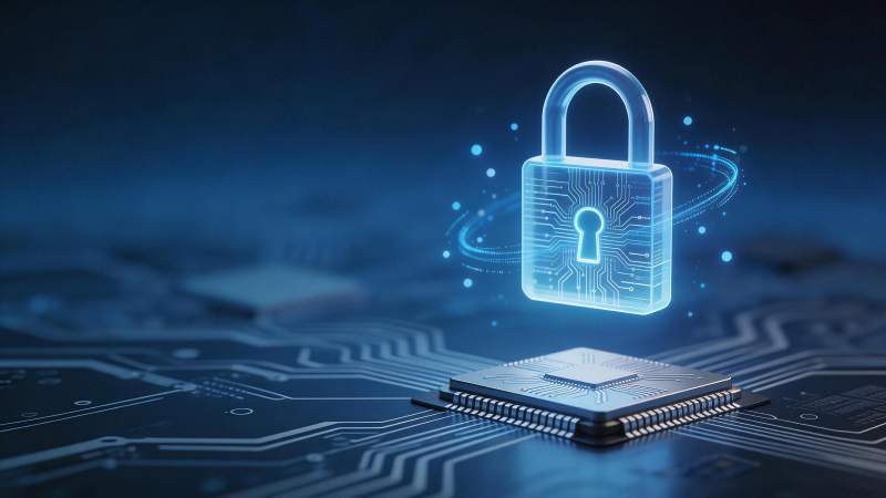 蓝色电路板上的发光芯片与数字锁图标图片