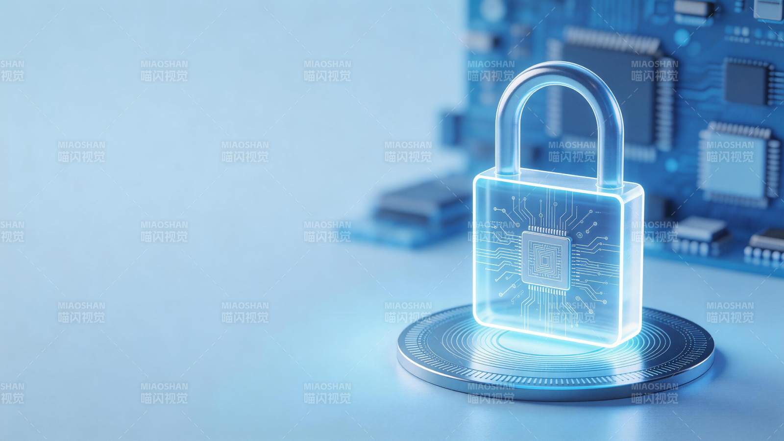 透明芯片锁置于电路板前的科技安全场景图片