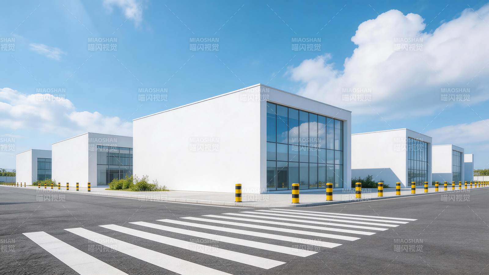 白色现代建筑群与斑马线道路场景图片