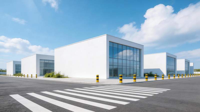 白色现代建筑群与斑马线道路场景图片