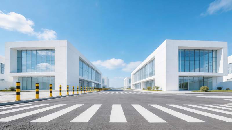现代白色工业建筑群与空旷道路交叉口图片
