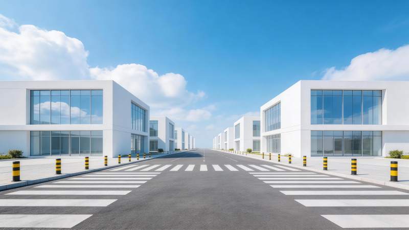 现代白色建筑群与空旷道路交叉口全景图片