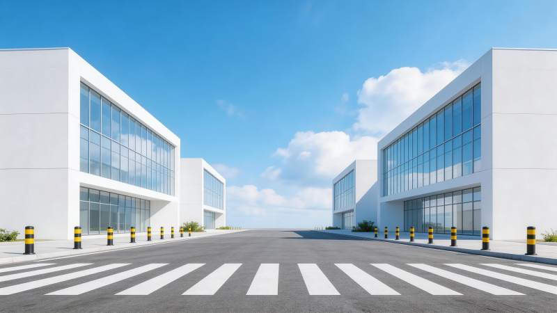 现代白色办公楼前宽阔道路与斑马线图片