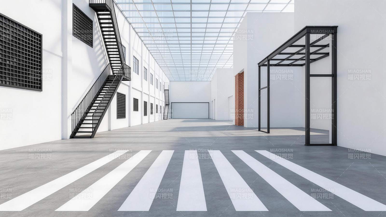 白色工业风走廊带斑马线与金属楼梯图片