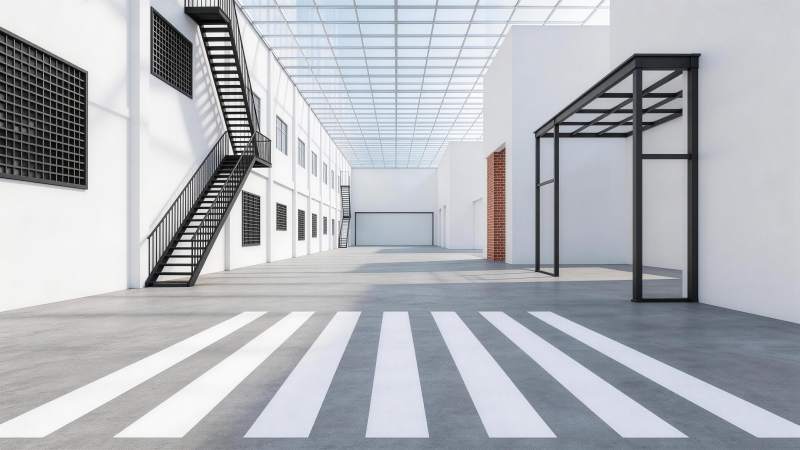 白色工业风走廊带斑马线与金属楼梯图片