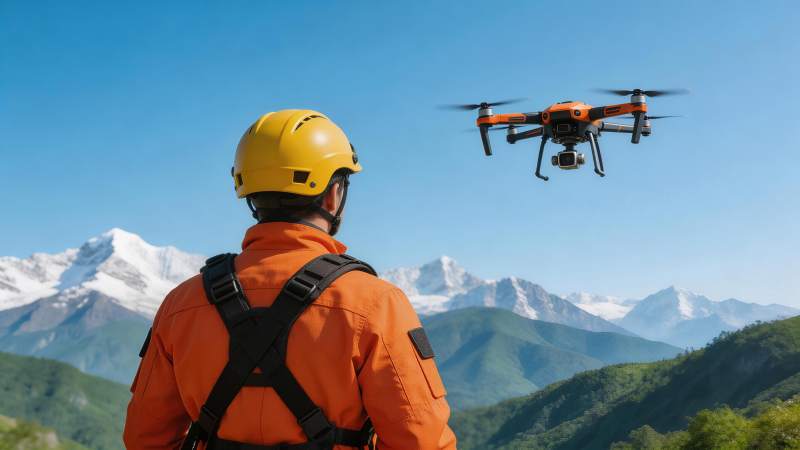 救援人员操控无人机进行山地巡检作业图片