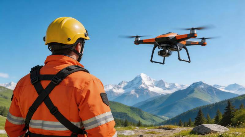 穿橙色工装人员操控无人机巡检山地图片