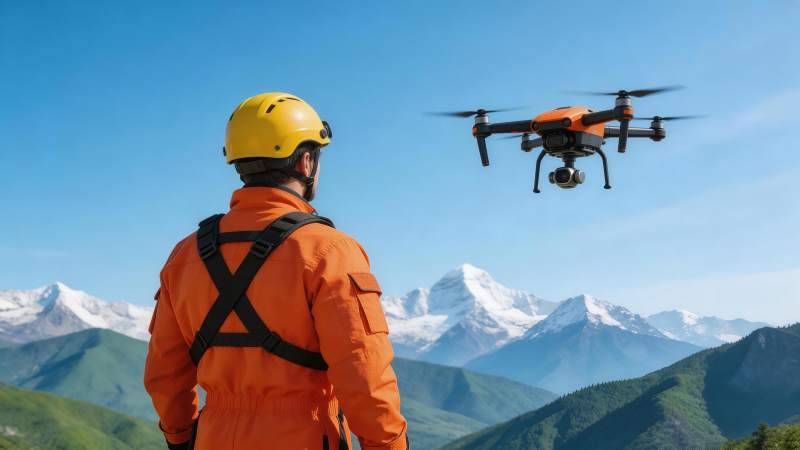 橙衣人员操控无人机进行山地巡检作业图片