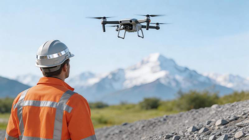 工人佩戴安全帽操控无人机进行野外作业图片