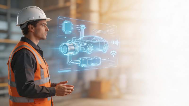 工程师查看汽车智能系统全息投影界面图片