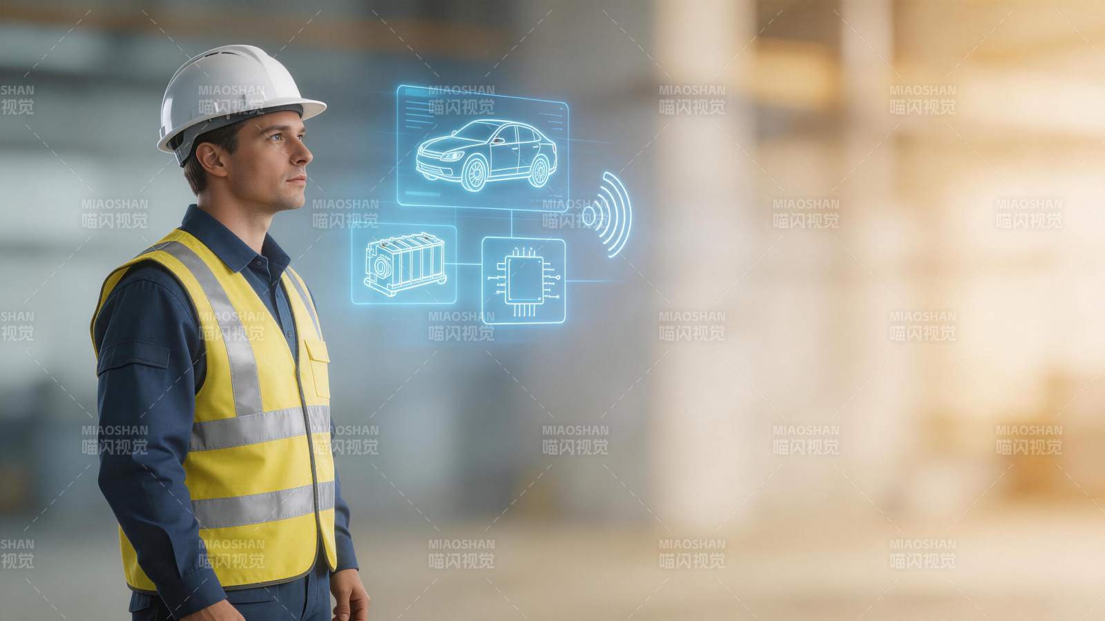 工程师观察智能汽车与电池芯片全息投影图片