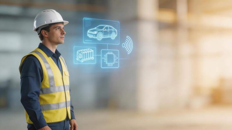 工程师观察智能汽车与电池芯片全息投影图片