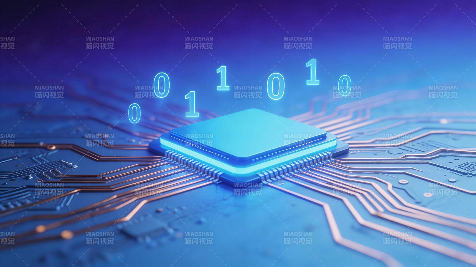 蓝色发光芯片置于电路板上二进制数字悬浮图片