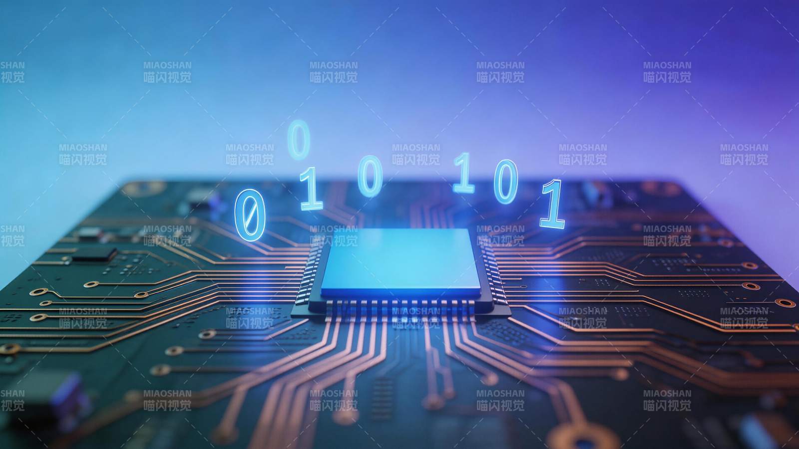 蓝色发光芯片电路板与悬浮二进制数字图片