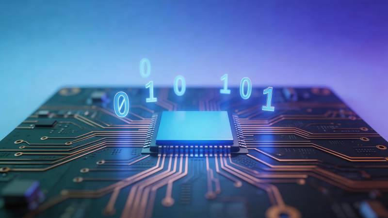 蓝色发光芯片电路板与悬浮二进制数字图片