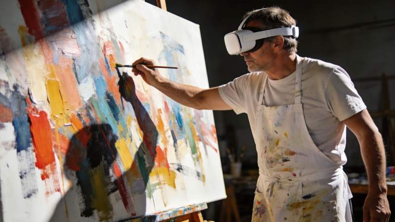 戴虚拟现实眼镜的画家正在创作抽象油画图片