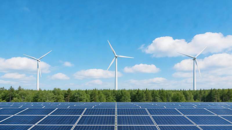 太阳能板阵列与风力发电机并列运行场景图片