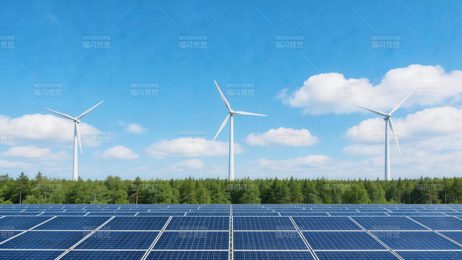 太阳能板阵列与风力发电机并列运行场景图片