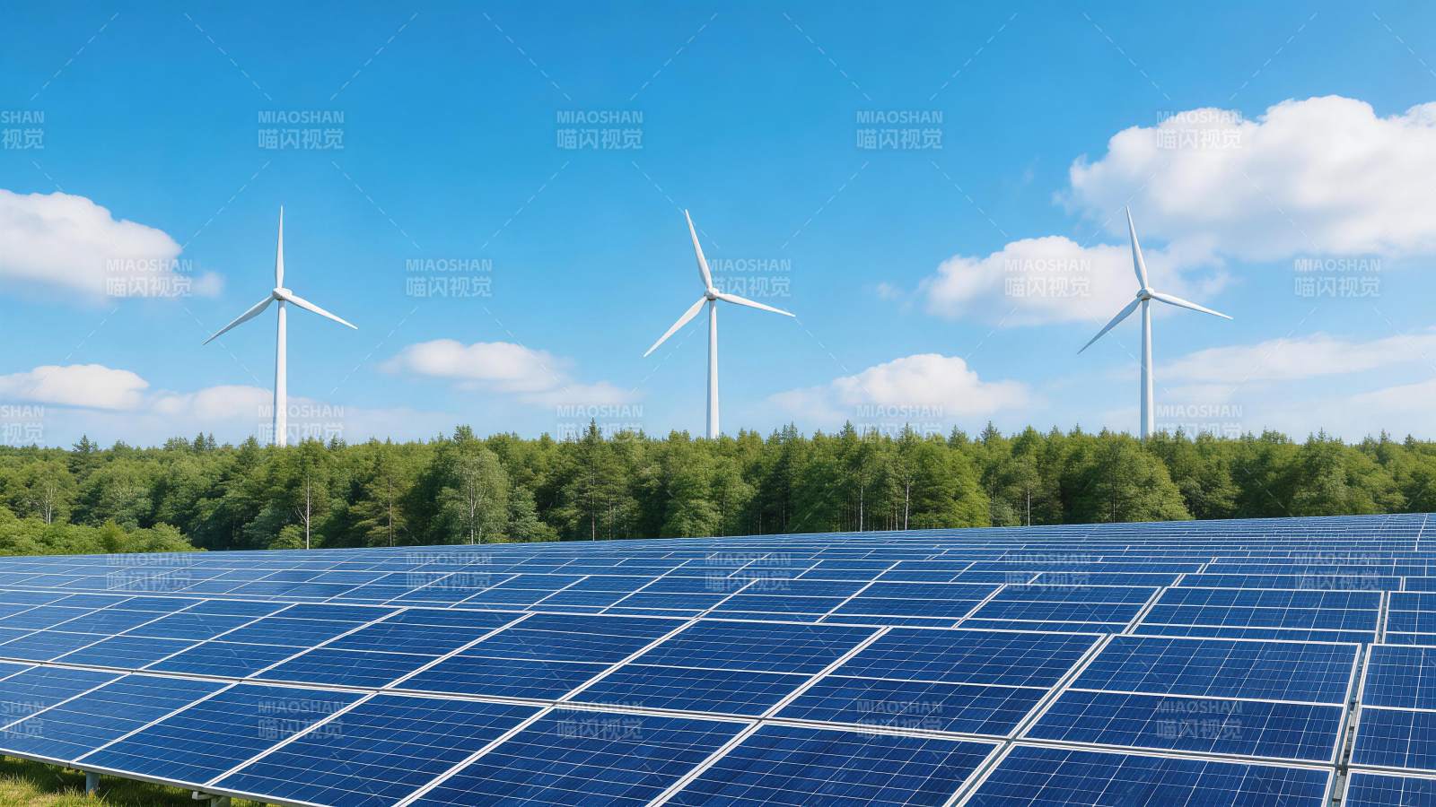 太阳能电池板阵列与风力发电机并列景观图片