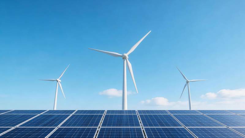 风力发电机与太阳能电池板并列排列图片