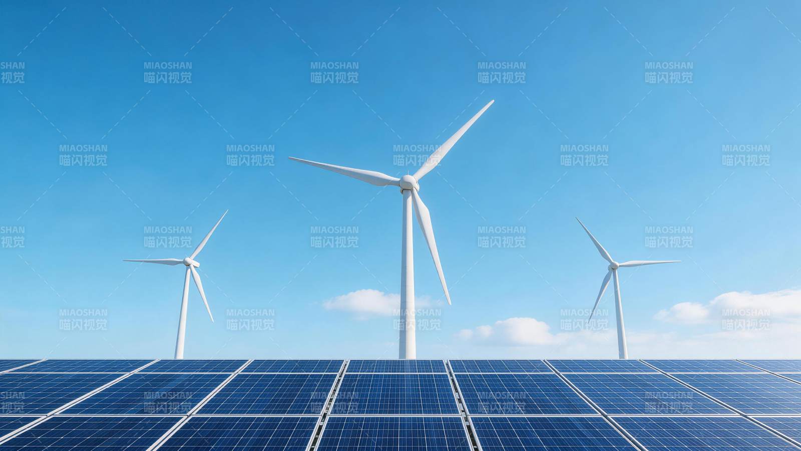 风力发电机与太阳能电池板并列排列图片