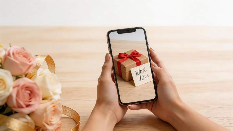 手持手机展示礼盒与鲜花的温馨场景图片