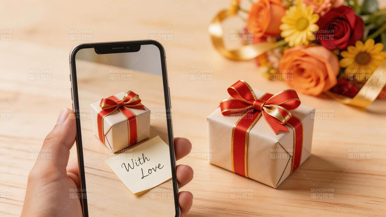 手持手机拍摄礼盒与鲜花的温馨场景图片