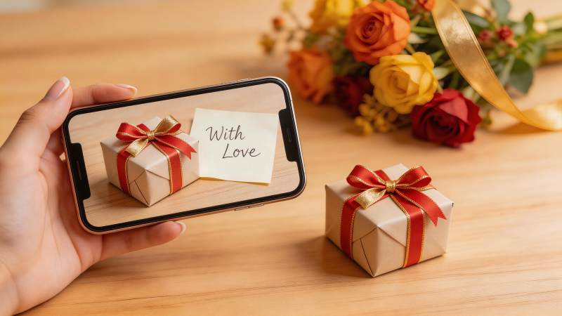 手持手机拍摄礼盒与鲜花的温馨场景图片