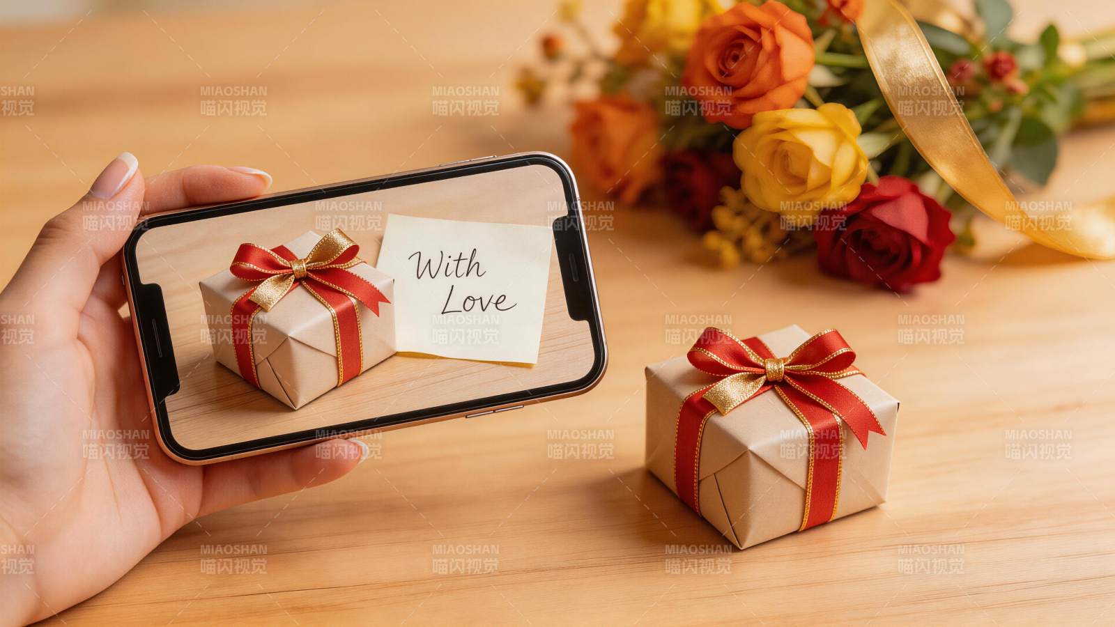 手持手机拍摄礼盒与鲜花的温馨场景图片