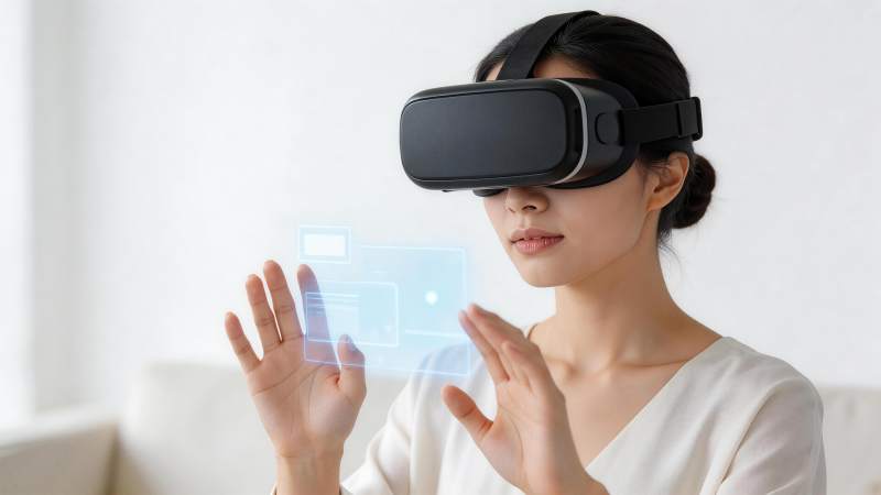 女性佩戴虚拟现实头显操作全息界面图片