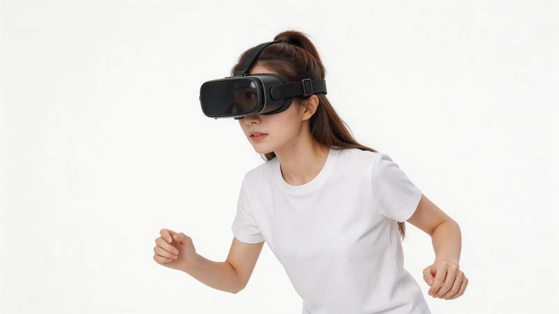 女性佩戴VR头显模拟跑步动作图片