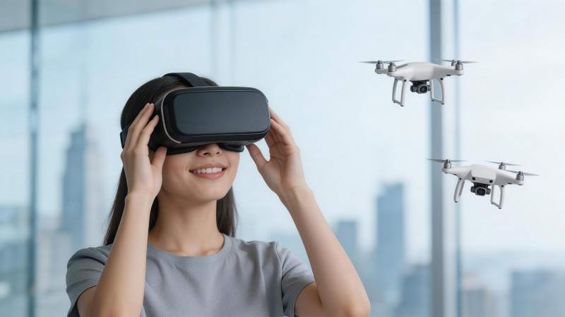 女性佩戴VR眼镜操控空中无人机设备图片