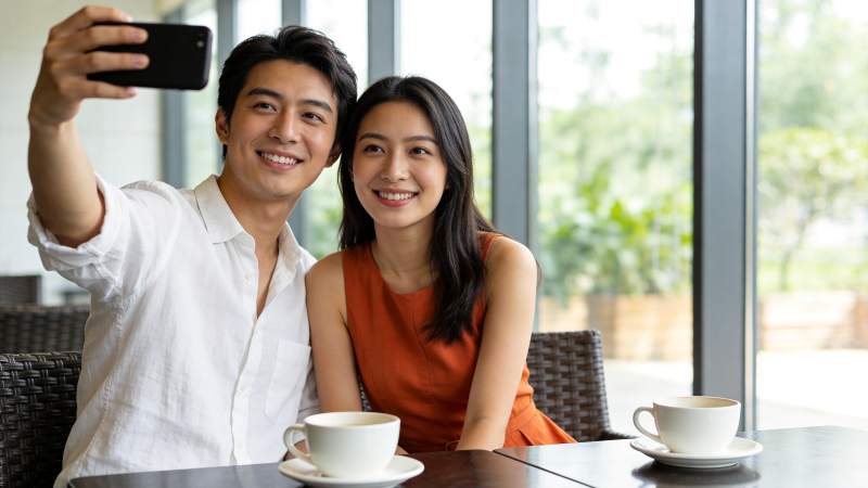 男女在咖啡馆用手机自拍合影图片
