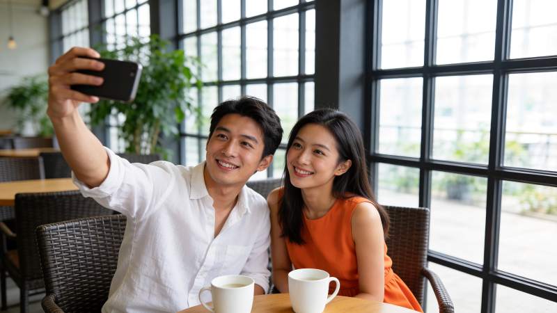 男女在咖啡馆用手机自拍合影图片
