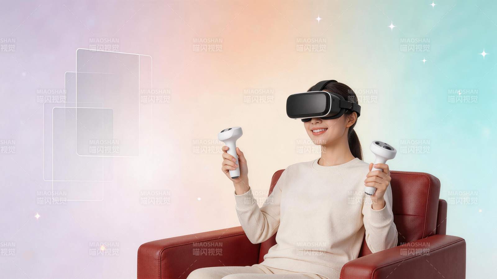 女性佩戴VR头显手持控制器体验虚拟现实图片