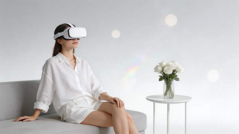 女子佩戴白色VR头显坐在灰色沙发上体验虚图片