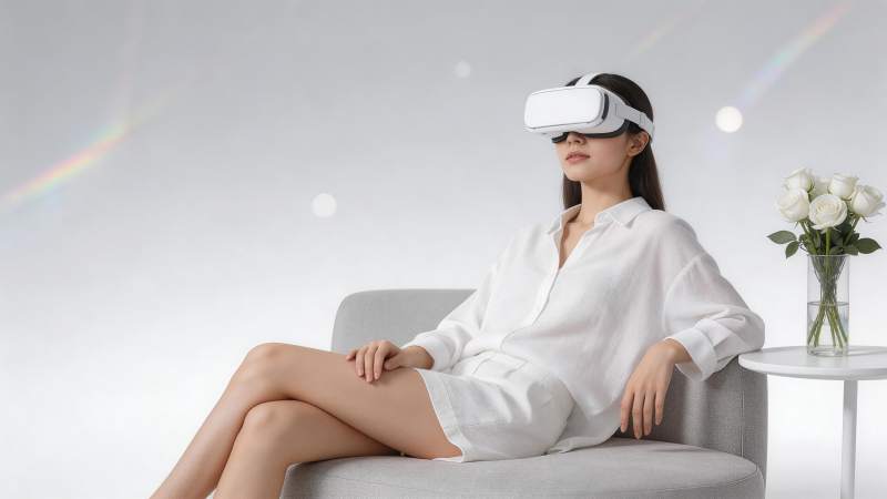 女性佩戴白色VR头显坐在灰色沙发上体验虚图片