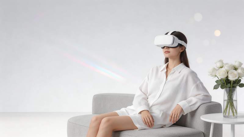 女性佩戴白色VR头显坐在灰色沙发上图片