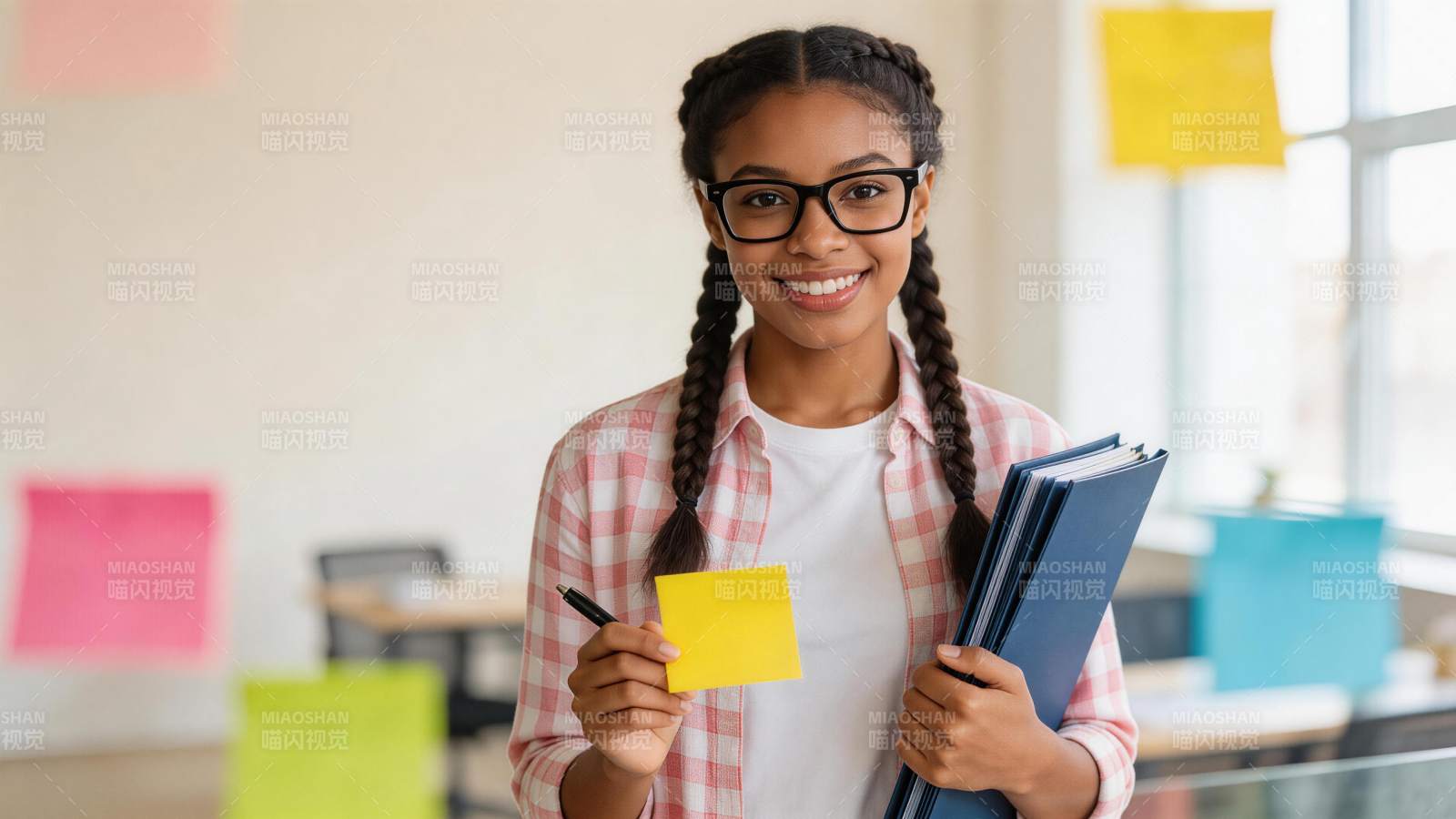 戴眼镜女生手持便签与文件夹微笑站立图片
