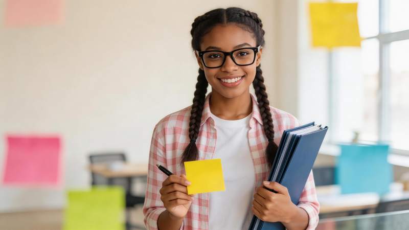 戴眼镜女生手持便签与文件夹微笑站立图片