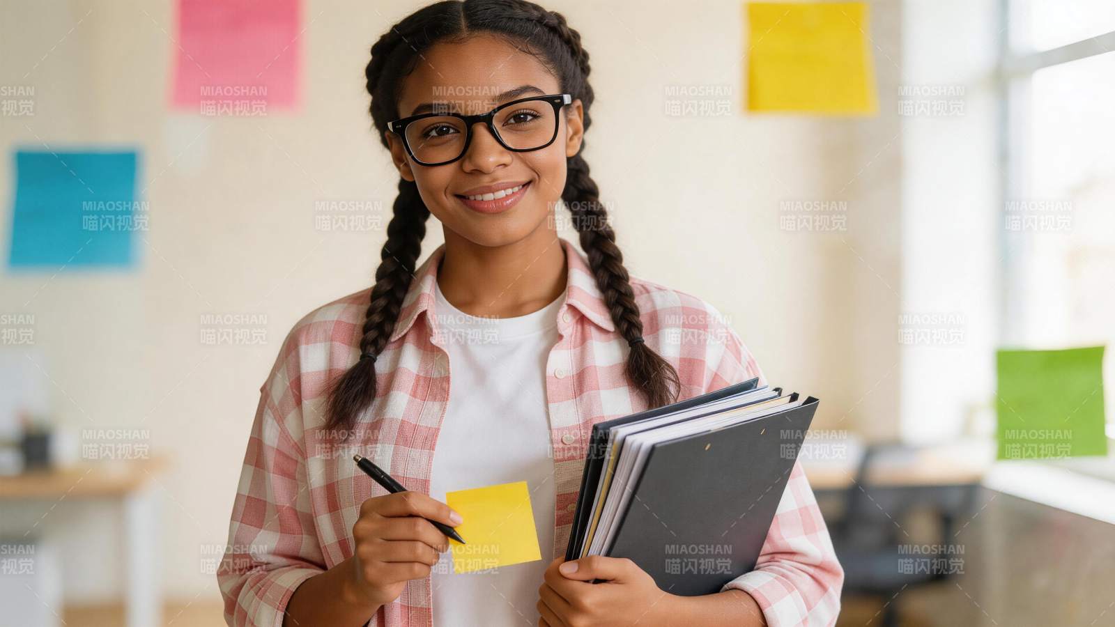 戴眼镜女生手持便签与文件夹微笑站立图片