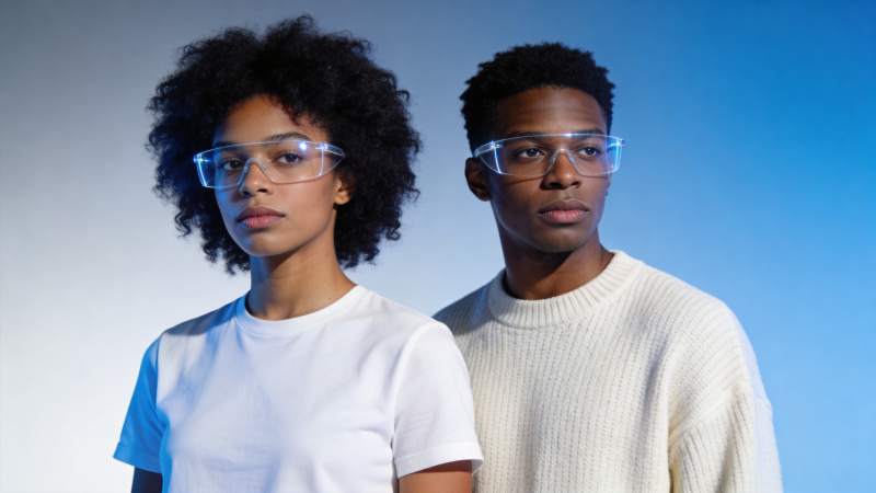 两位佩戴透明护目镜的青年并肩站立图片