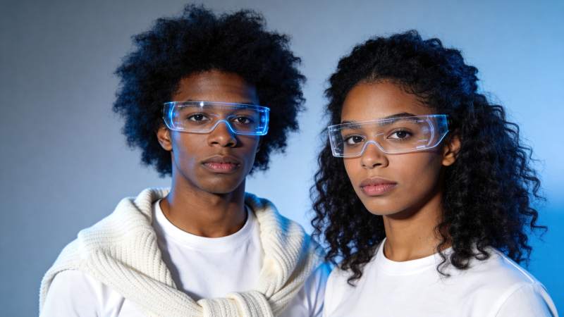 两位佩戴发光智能眼镜的青年特写图片