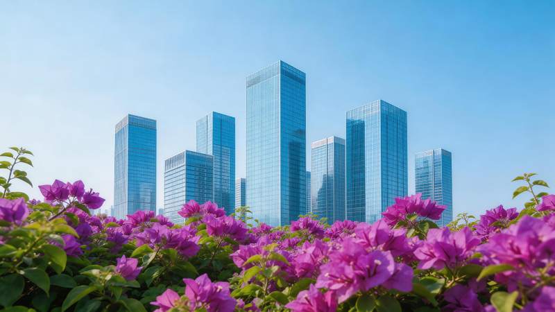 紫色三角梅前景与现代玻璃幕墙高楼群图片