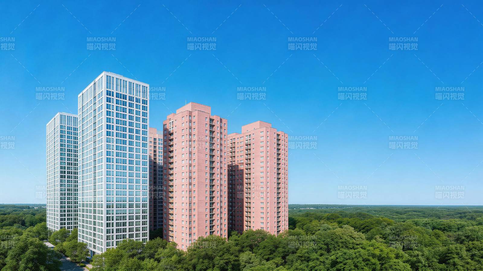 现代高层住宅楼群矗立于绿树环绕之中图片